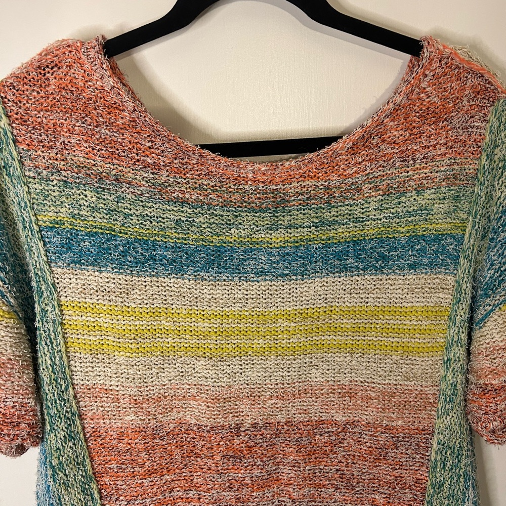 Pilcro Multicolor Striped Scoop Neck Sweater - Coral, Teal, Yellow, Cream - Picture 2 of 8